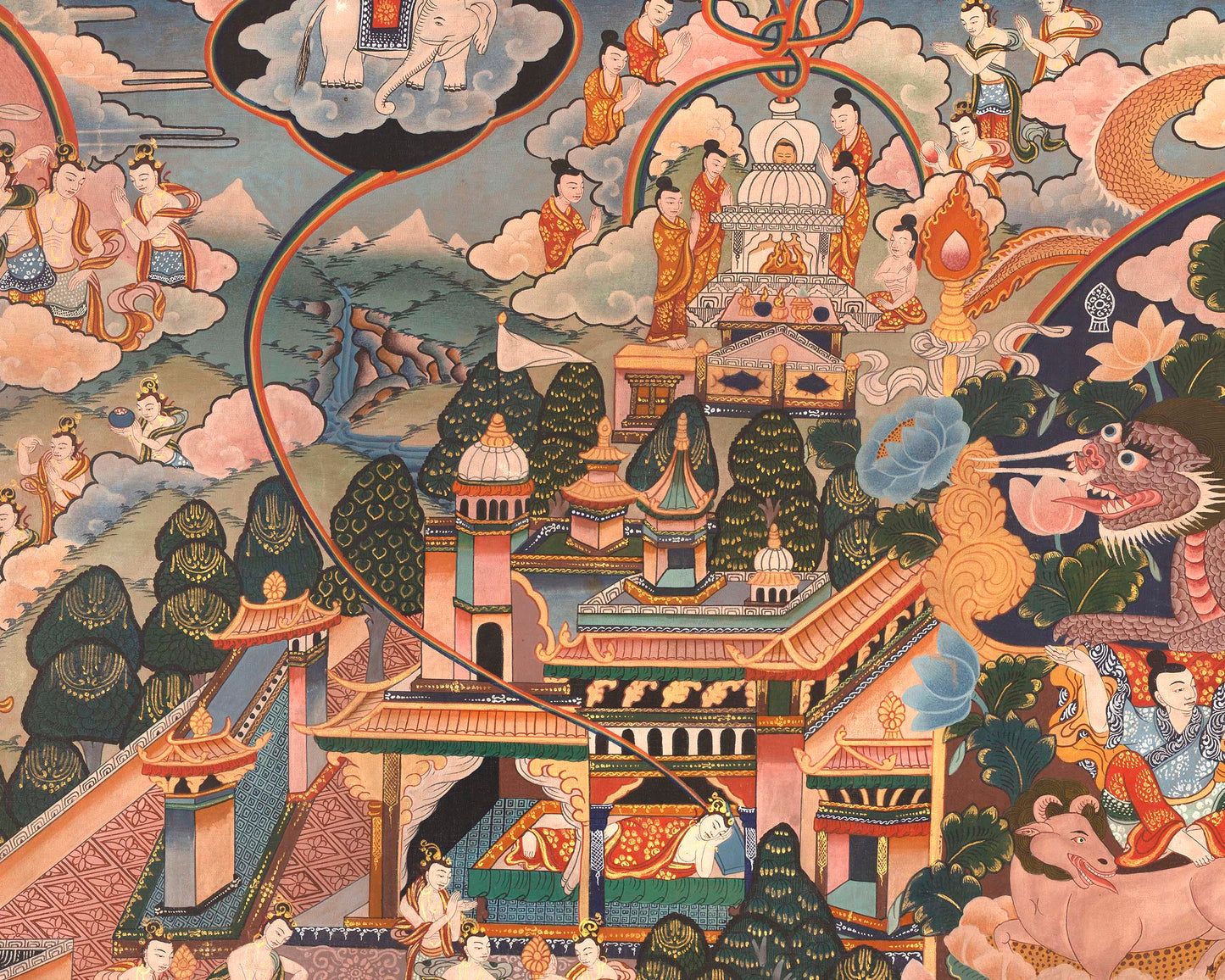 Shakyamuni Buddha Life Story | Vintage Original Hand-Painted Thangka