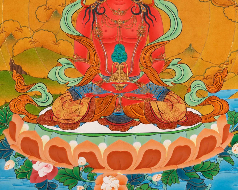 Amitayus Buddha Thangka | Buddhist Deity Amitayus With White Tara, Amitabha & Namgyalma