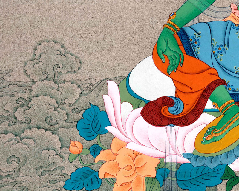 Mother Green Tara's Grace in Artistry | Traditional Thangka Painting | Religious Decors