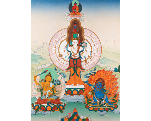 1000 armed Chenrezig, Manjushri & Vajrapani, Thangka Painting