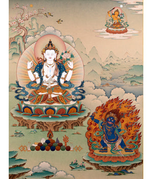 Avalokiteshvara, Vajrapani & Manjushri, Tibetan Thangka Painting, Vajrayana Buddhist Art