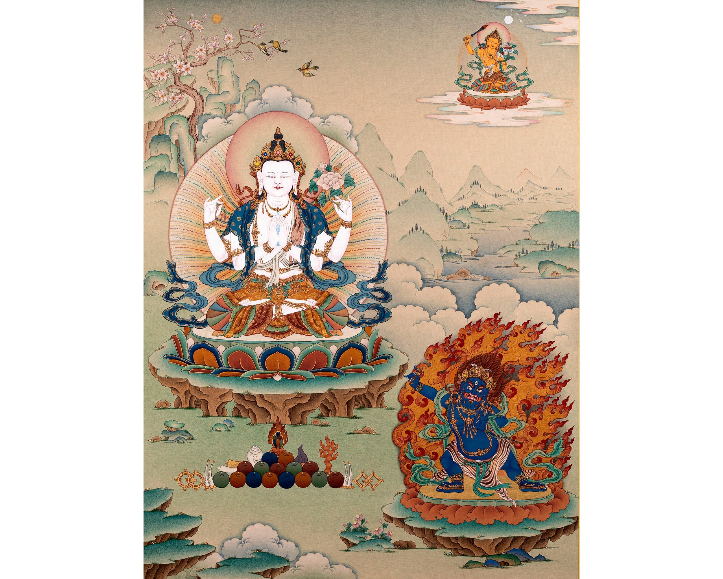 Avalokiteshvara, Vajrapani & Manjushri, Tibetan Thangka Painting, Vajrayana Buddhist Art