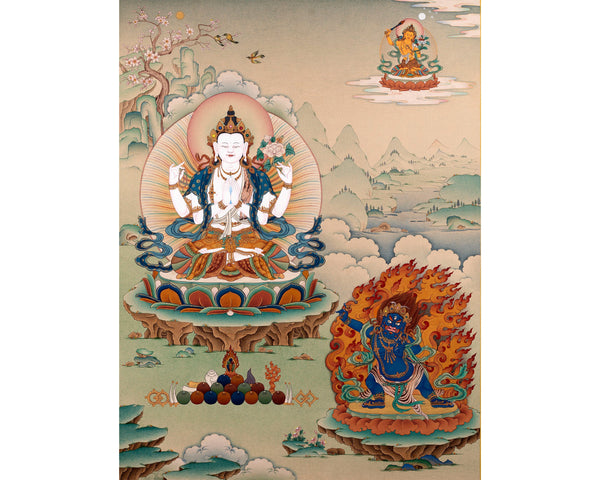 Avalokiteshvara, Vajrapani & Manjushri, Tibetan Thangka Painting, Vajrayana Buddhist Art