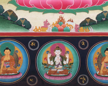 1000 Armed Chenrezig Thangka Print Surrounded by Celestial Deities | Traditional Buddhist Artwork