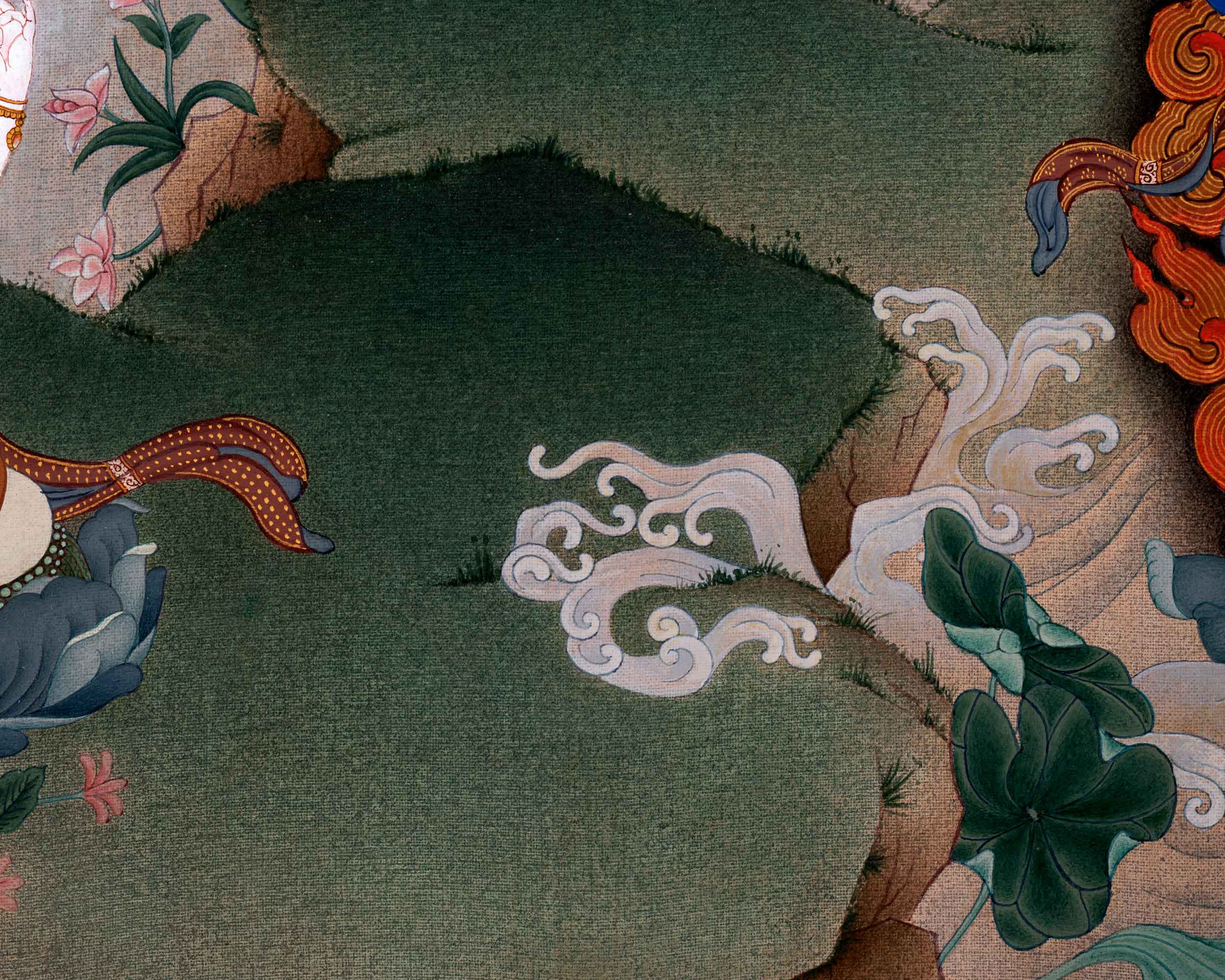 Manjushri with Chenrezig and Vajrapani Thangka | Hand Painted Artwork of Traditional Buddhism | Meditation Art