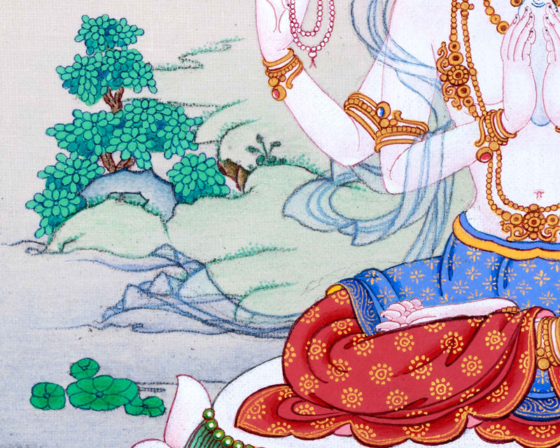 Sacred Chenresig Avalokiteshvara Thangka | Deity of Compassion | Traditional Karma Gadri Style