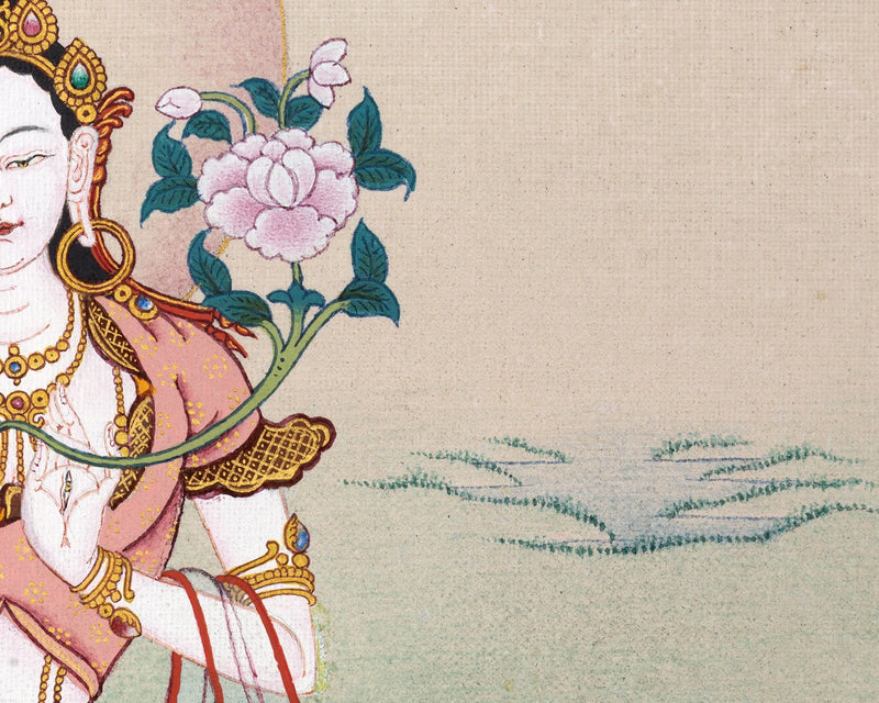 White Tara Thangka | Tibetan Tara Painting (includes Brocade)