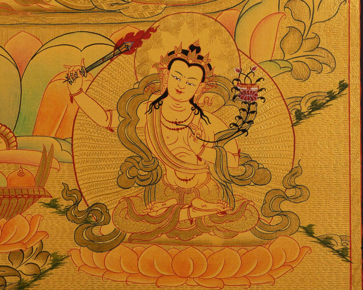Gold Manjushree Thangka | Hand Painted Bodhisattva Art
