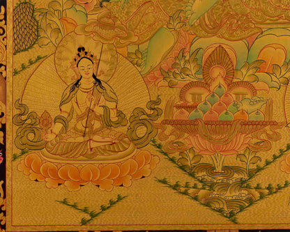 Gold Green Tara Thangka | Religious Buddhist Painting | Wall Decors