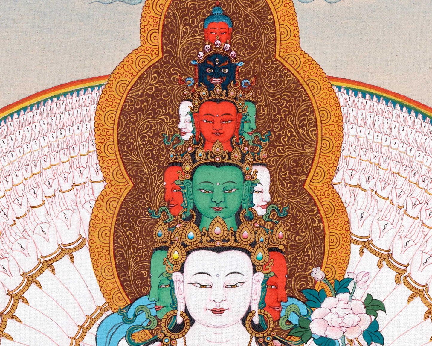 1000 Armed Chenrezig With Manjushri, Vajrapani and Amitabha | Thangka Print