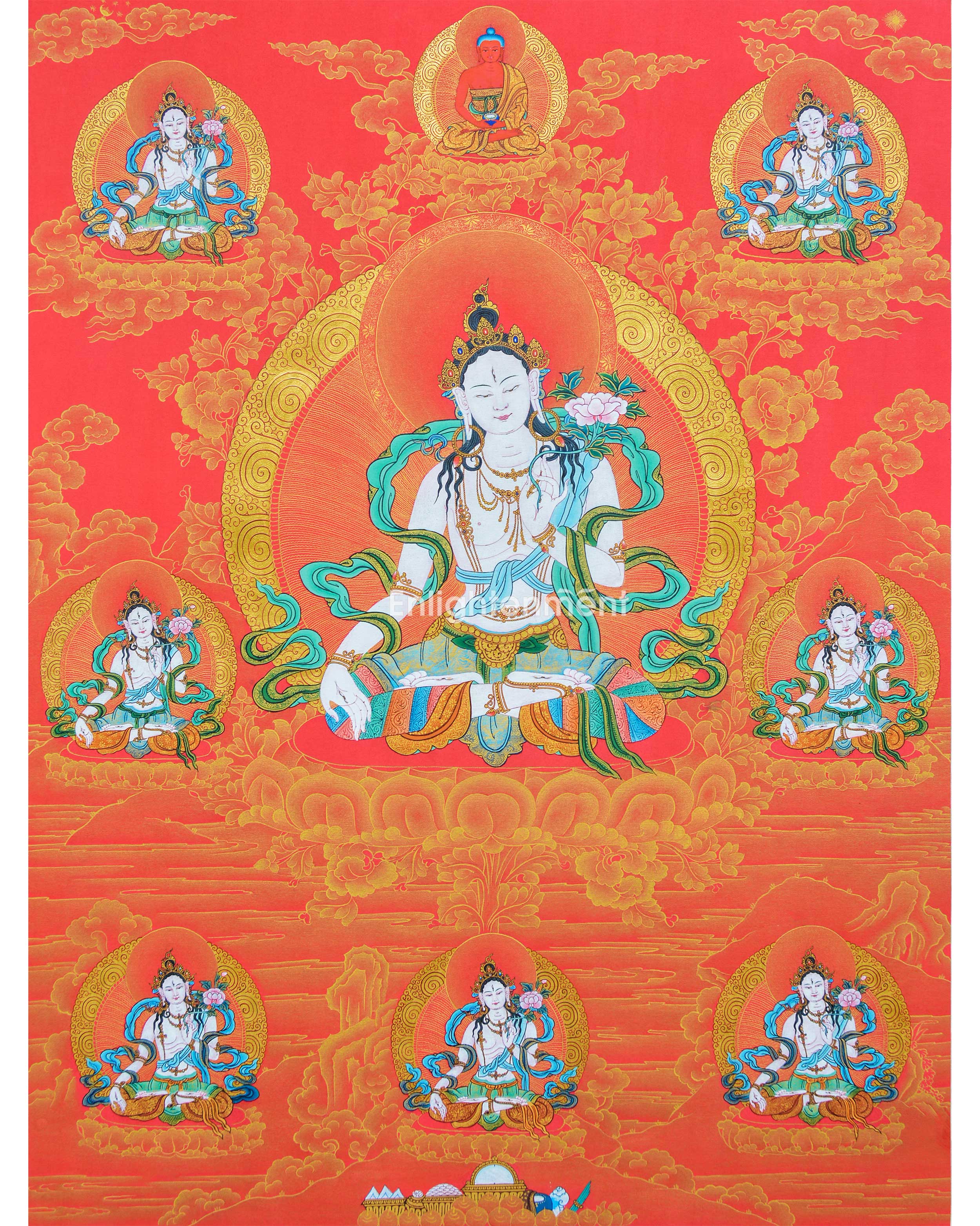 Rare Eight White Tara Thangka | 24k Gold In Red | Long Life Mother Drolma