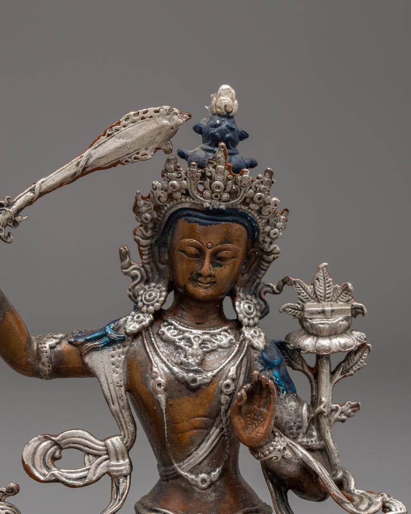 Silver Plated Manjushri Statue | Traditional Himalayan Art