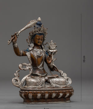 Silver Plated Manjushri Statue | Traditional Himalayan Art