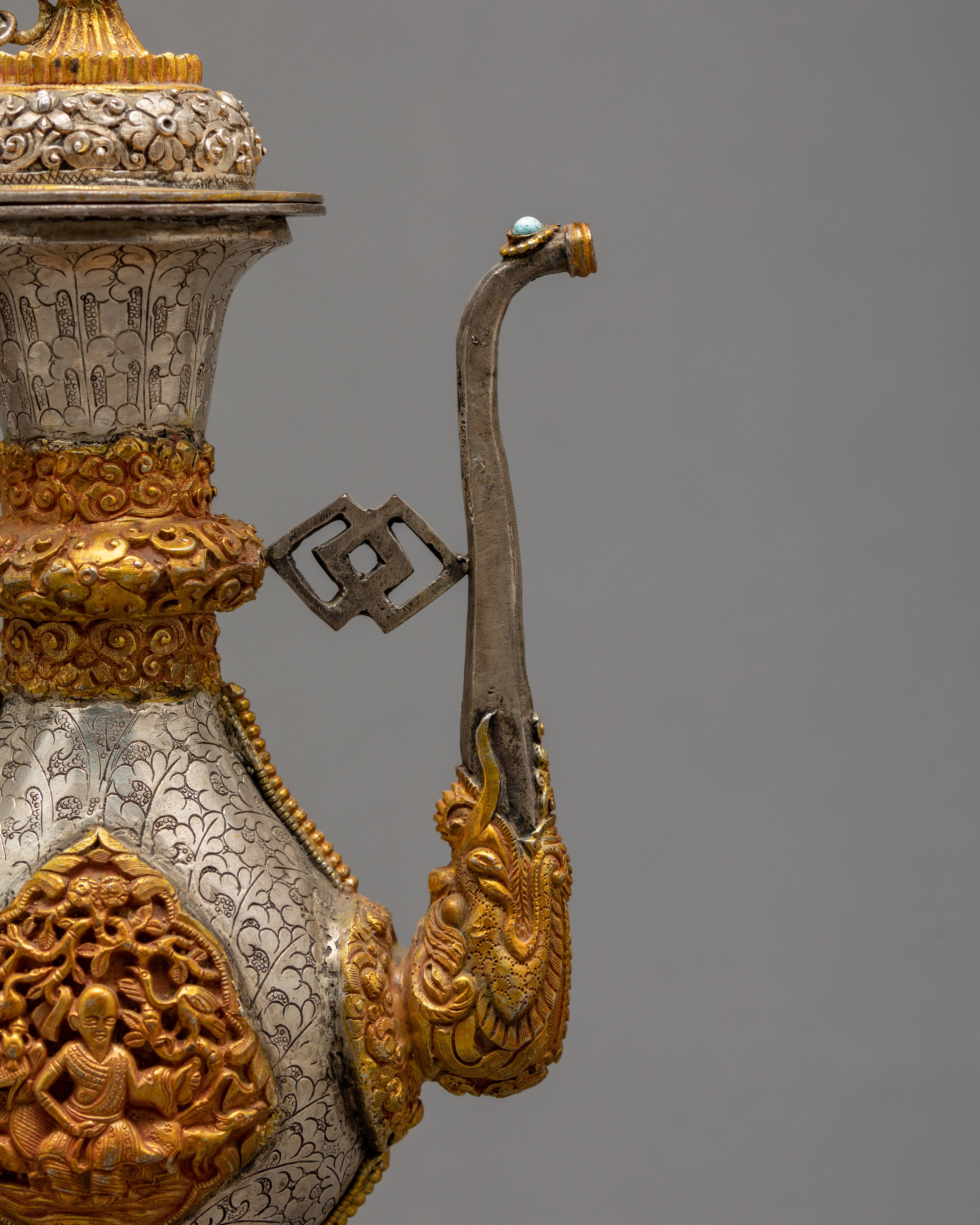 Handcrafted Decorative Tea Pot | Tibetan Copper Tea Pot with Gold & Silver Detailing