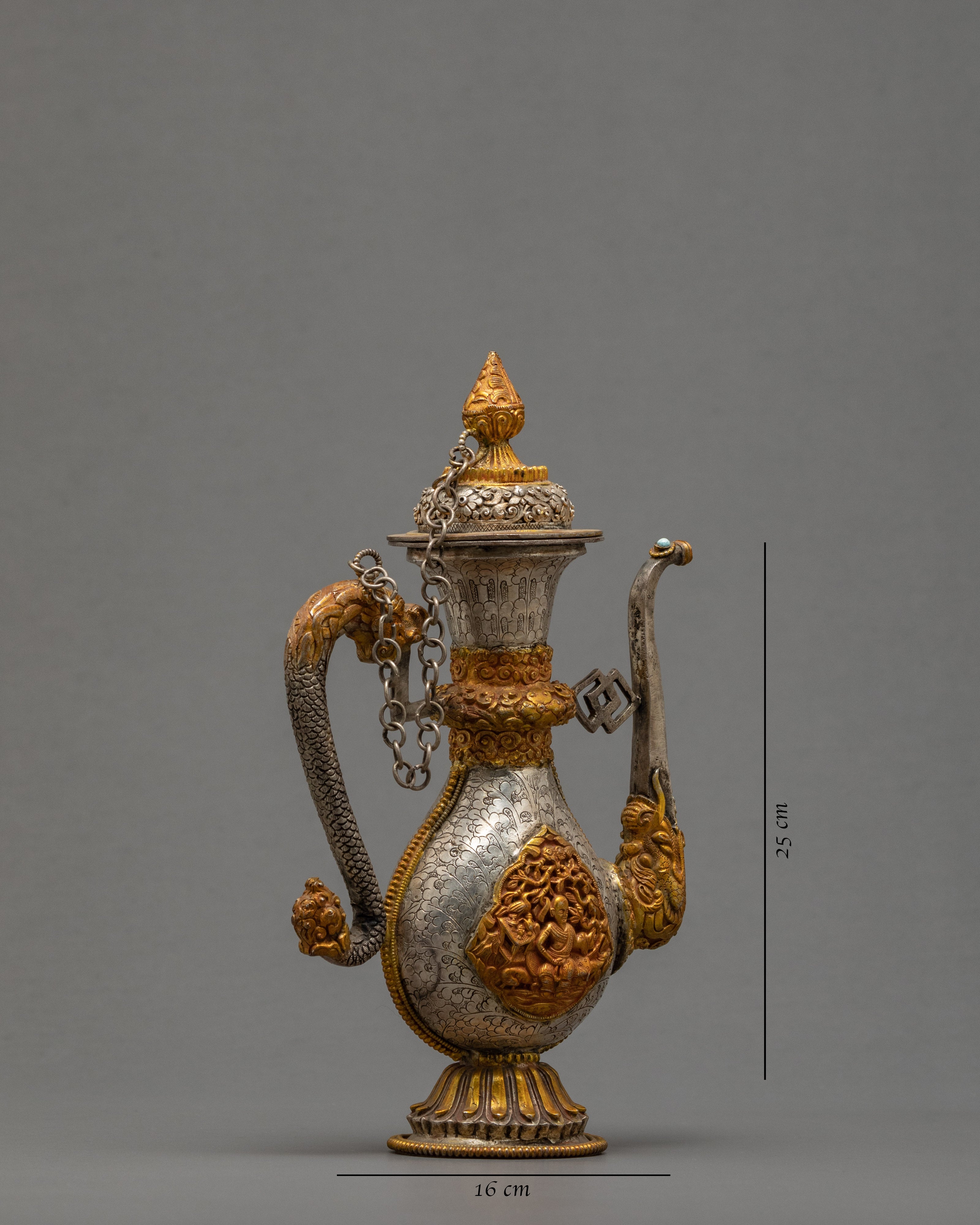 Handcrafted Decorative Tea Pot | Tibetan Copper Tea Pot with Gold & Silver Detailing