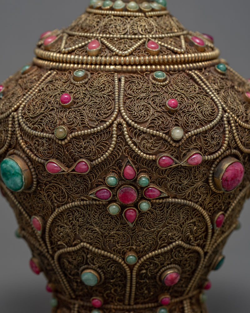 Rare Offering Alms Bowl |  Old Tibetan Filigree Carving Gemstones Inlay | Ritual Items