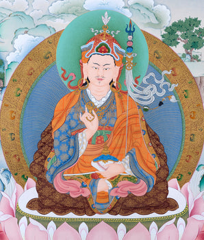 Guru Rinpoche, Padmasambhava Thangka, Tibetan Buddhist Painting in Natural Stone Color & 24K Gold (includes a silk brocade)