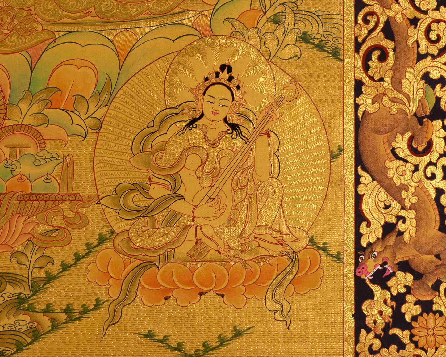 Gold Green Tara Thangka | Religious Buddhist Painting | Wall Decors