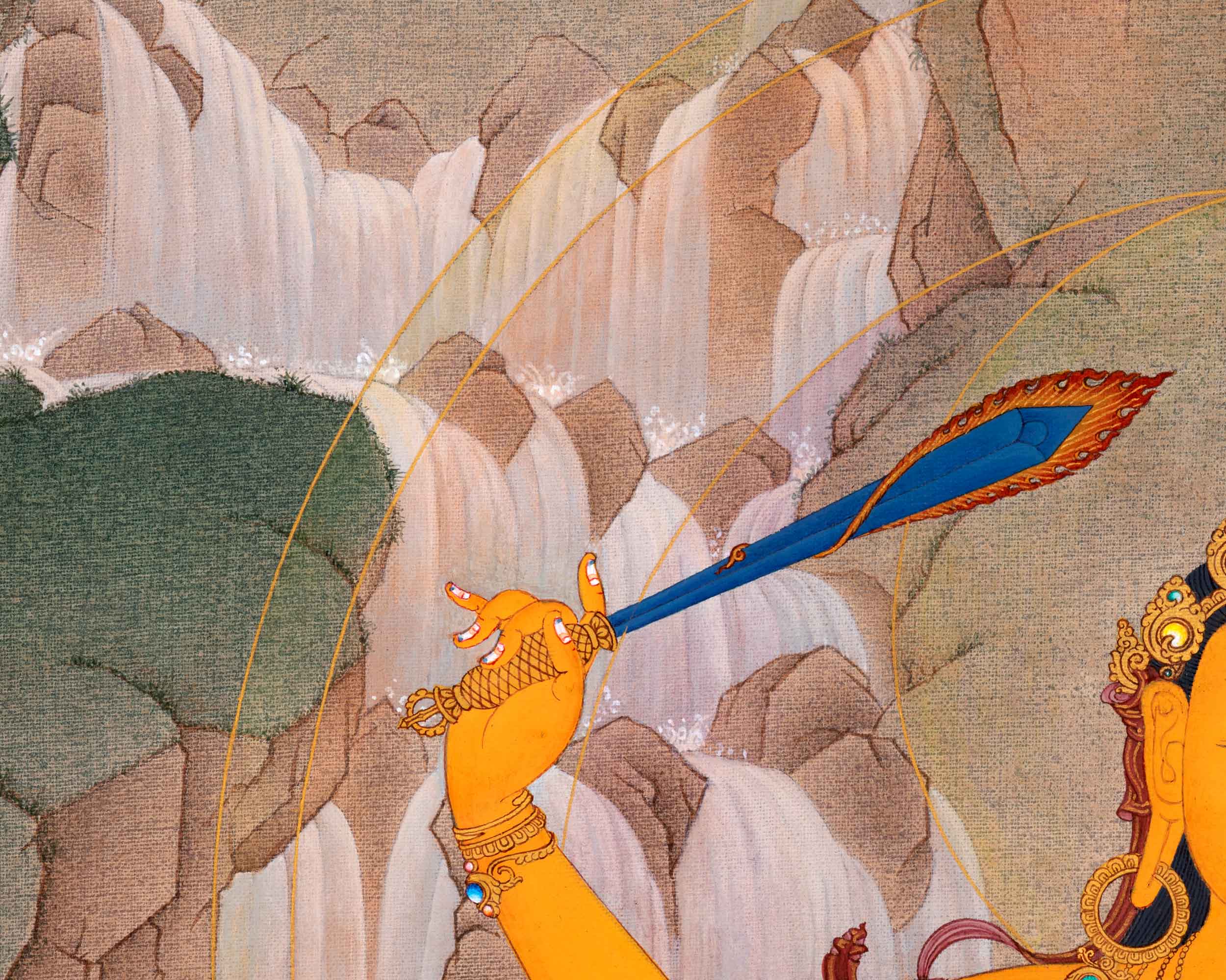 Manjushri with Chenrezig and Vajrapani Thangka | Hand Painted Artwork of Traditional Buddhism | Meditation Art