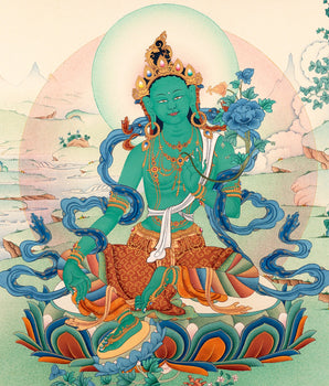 Green Tara | Traditional Tibetan Tara Thangka in Natural stone colors