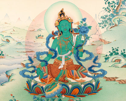 Green Tara | Traditional Tibetan Tara Thangka in Natural stone colors