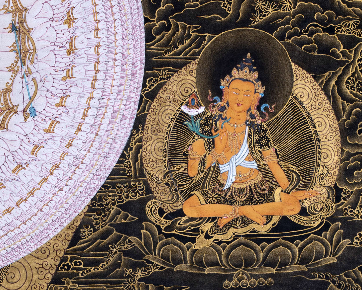 1000 Armed Chenrezig With Guru Rinpoche And Others | Tibetan Thangka Painting