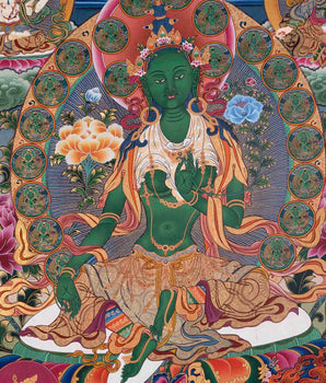 Large Green Tara Thangka | Traditional Brocaded Artwork | Wall Decors