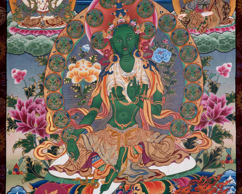 Large Green Tara Thangka | Traditional Brocaded Artwork | Wall Decors