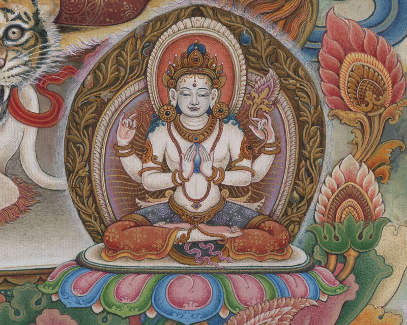 Simhanada Avalokiteshvara Seated On A Roaring Lion Print | Himalayan Art For Healing Practice