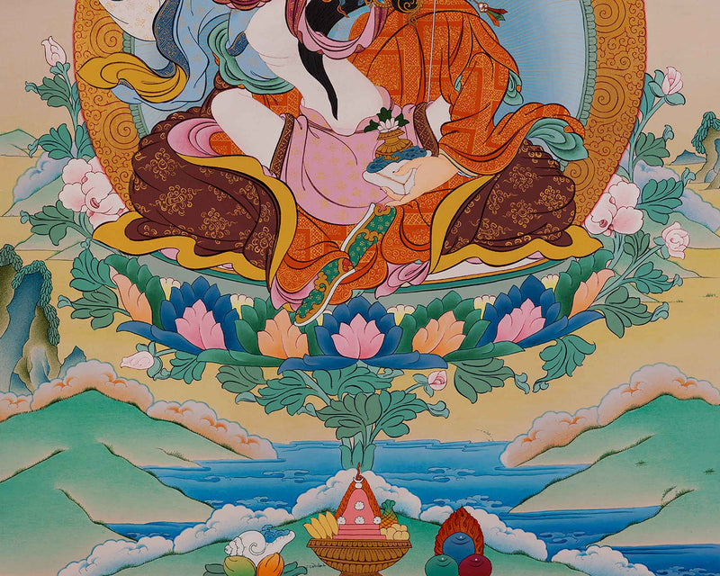 Buddha Padmasambhava With Consort Thangka Painting | Traditional Buddhist Art