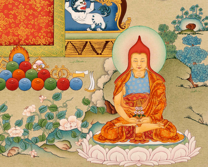 Guru Longchenpa Mantra Thangka With Jigme Lingpa and Vimalamitra | Hand-painted Buddhist Guru Art