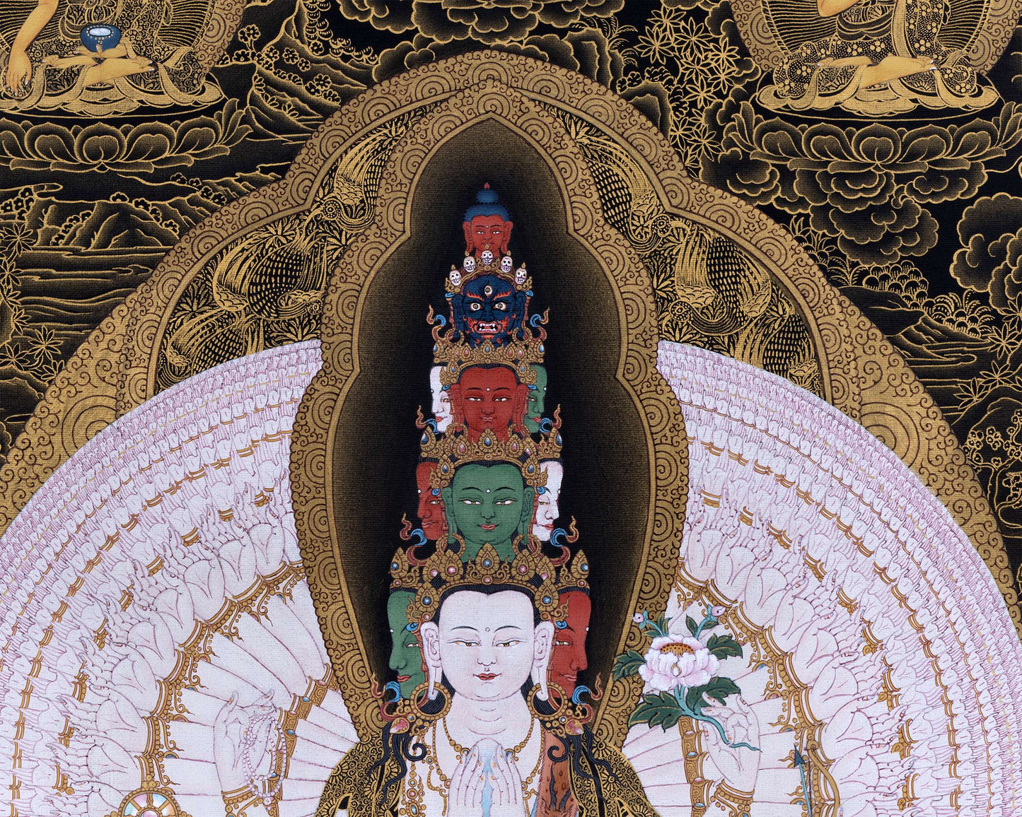 1000 Armed Chenrezig With Guru Rinpoche And Others | Tibetan Thangka Painting