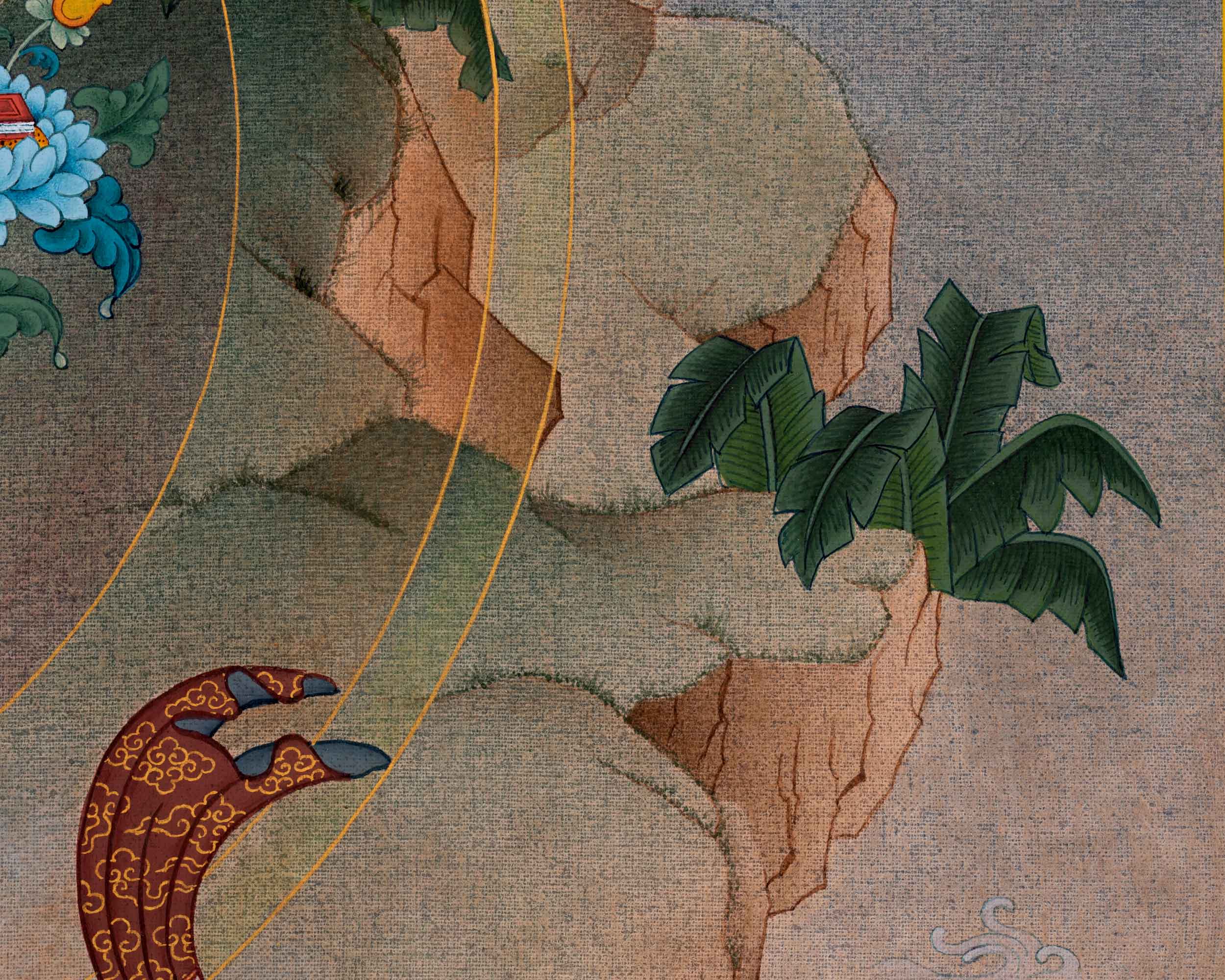 Manjushri with Chenrezig and Vajrapani Thangka | Hand Painted Artwork of Traditional Buddhism | Meditation Art