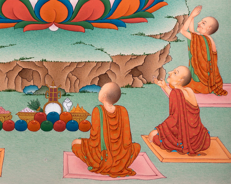 Shakyamuni Buddha with Five Disciples Thangka | Tibetan Buddhist Art