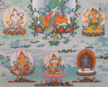 Green Tara with Buddhas and Bodhisattvas | Traditional Tibetan Thangka Print