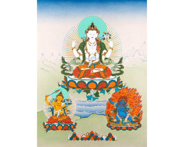 Bodhisattva Thangka | Genuine 24K Gold Hand Painted Tibetan Art | Avalokiteshvara, Vajrapani & Manjushri