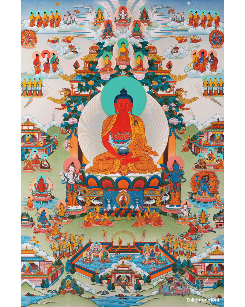 Amitabh Buddha Pure Land Thangka | Traditionally Hand-Painted Amitabha Singham Art