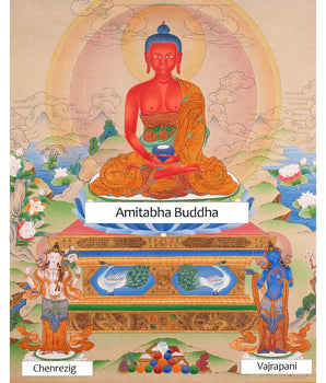 Amitabha Buddha With Chenrezig and Vajrapani Thangka | Traditionally Hand-Painted Art