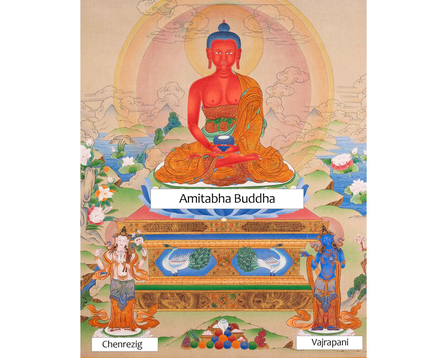 Amitabha Buddha With Chenrezig and Vajrapani Thangka | Traditionally Hand-Painted Art