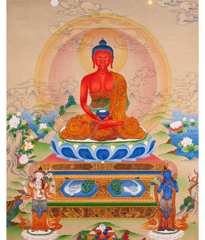 Amitabha Buddha With Chenrezig and Vajrapani Thangka | Traditionally Hand-Painted Art
