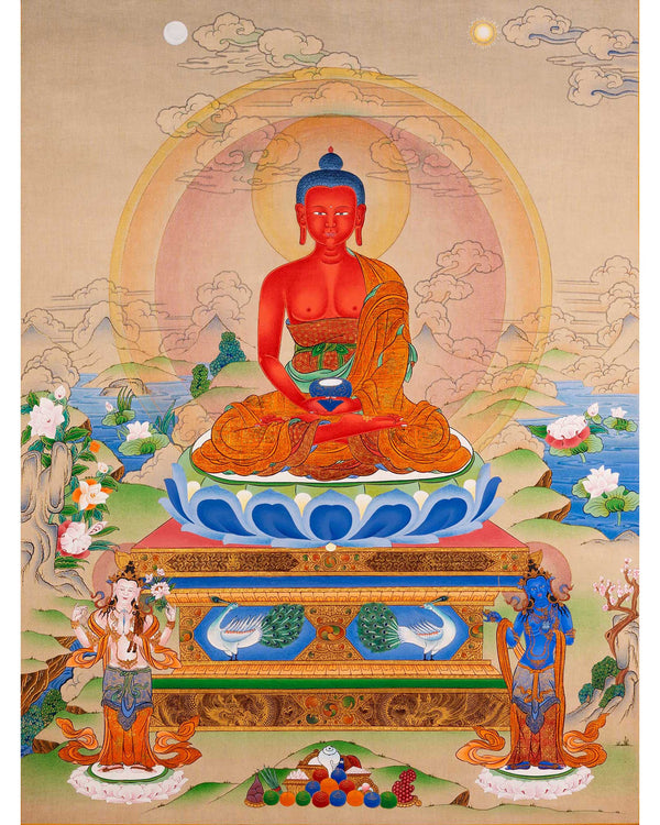 Amitabha Buddha With Chenrezig and Vajrapani Thangka | Traditionally Hand-Painted Art