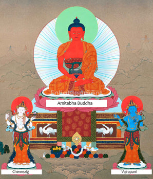 Namo Amitabha Buddha Thangka For Daily Meditation | Traditionally Hand-Painted Art Of Amitabha  With Chenrezig and Vajrapani