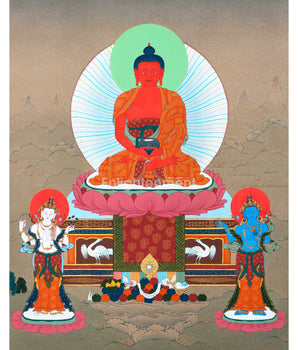 Namo Amitabha Buddha Thangka For Daily Meditation | Traditionally Hand-Painted Art Of Amitabha  With Chenrezig and Vajrapani