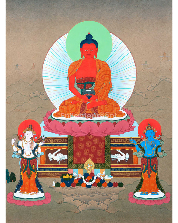 Namo Amitabha Buddha Thangka For Daily Meditation | Traditionally Hand-Painted Art Of Amitabha  With Chenrezig and Vajrapani