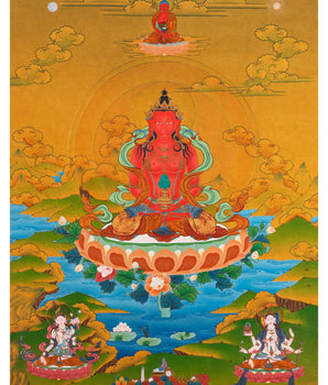 Amitayus Buddha Thangka | Buddhist Deity Amitayus With White Tara, Amitabha & Namgyalma