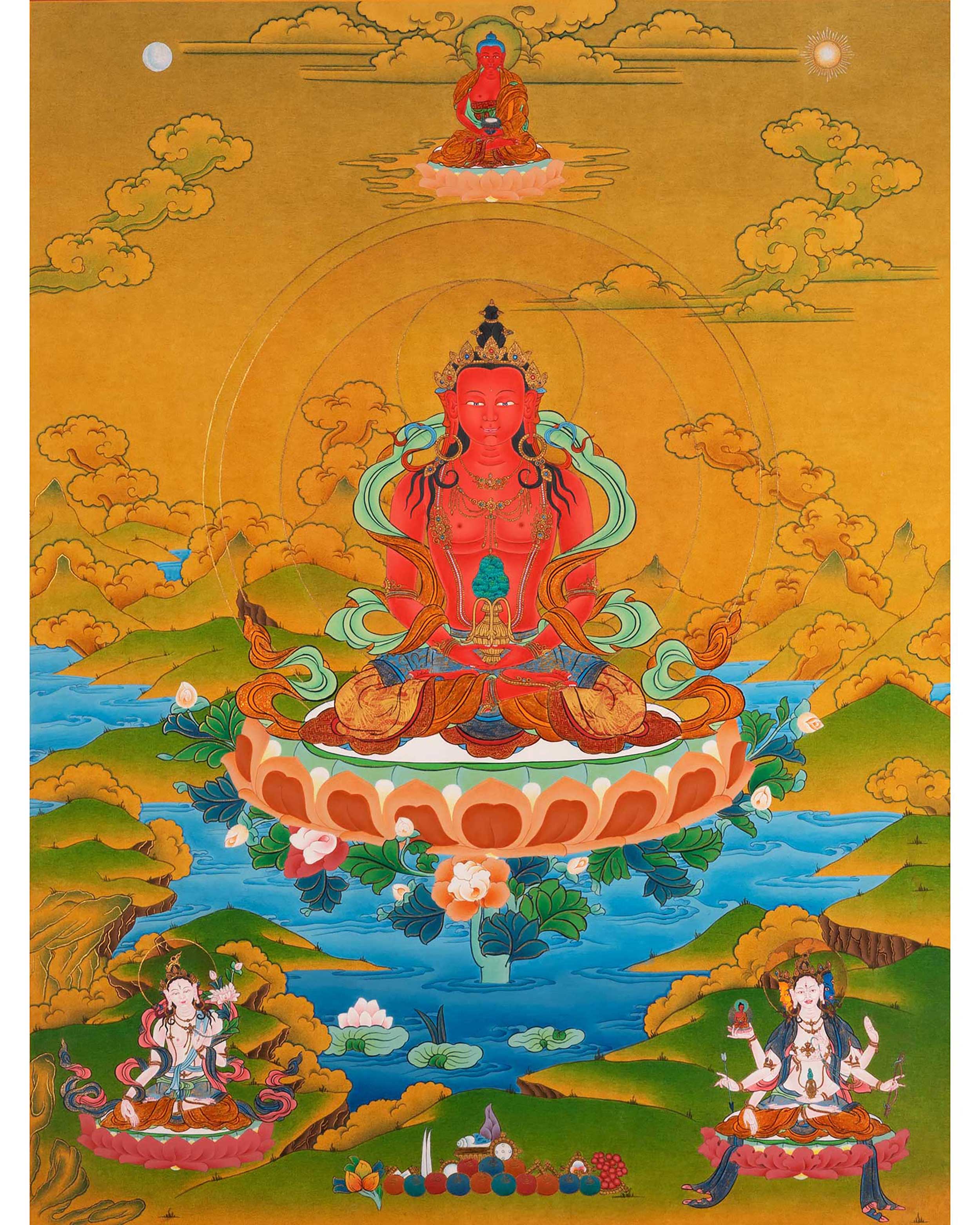 Amitayus Buddha Thangka | Buddhist Deity Amitayus With White Tara, Amitabha & Namgyalma