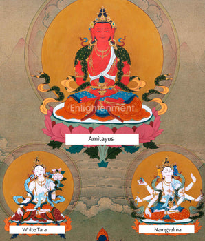 Amitayus With White Tara & Namgyalma | Hand-Painted Thangka For Amitayus Buddha Mantra Practice