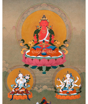 Amitayus With White Tara & Namgyalma | Hand-Painted Thangka For Amitayus Buddha Mantra Practice