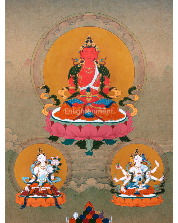 Amitayus With White Tara & Namgyalma | Hand-Painted Thangka For Amitayus Buddha Mantra Practice