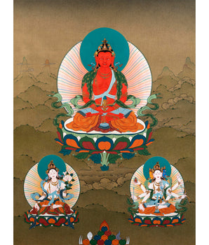 Amitayus With White Tara And Namgyalma Thangka | Tibetan Buddhist Art